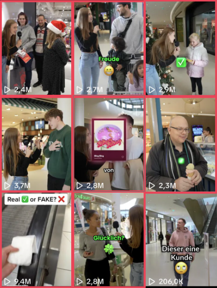 TikTok-Grid der Dreiländergalerie in Welle 2: Millionen-Views auf breiter Front, Top-Video 9,4 Mio.
